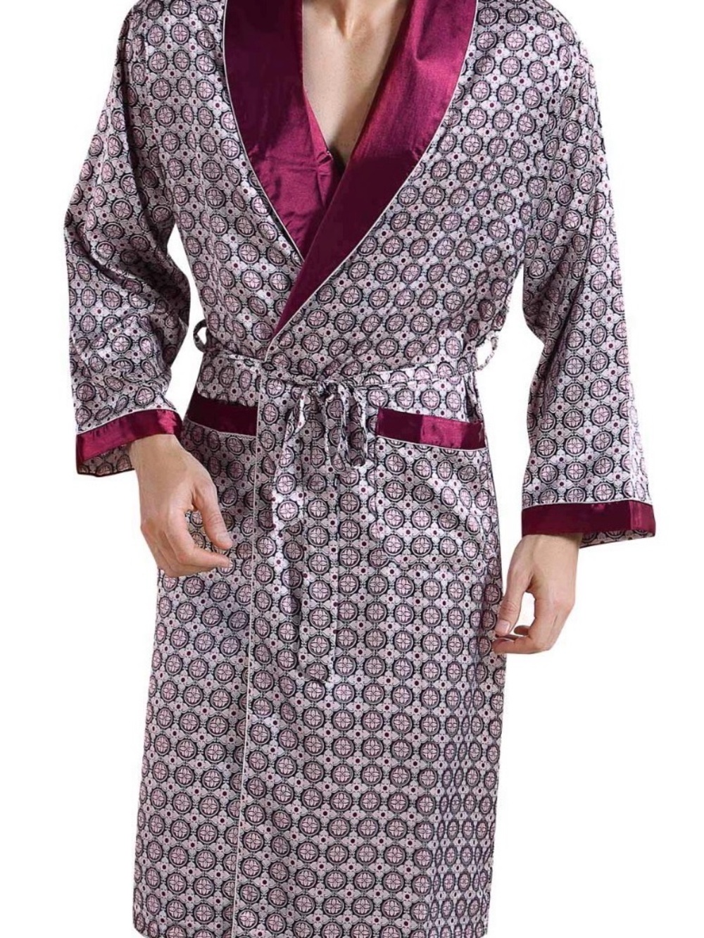 Men's Satin Robe XXL (Fits Large) Burgundy Geometric Retro 70s Smoking